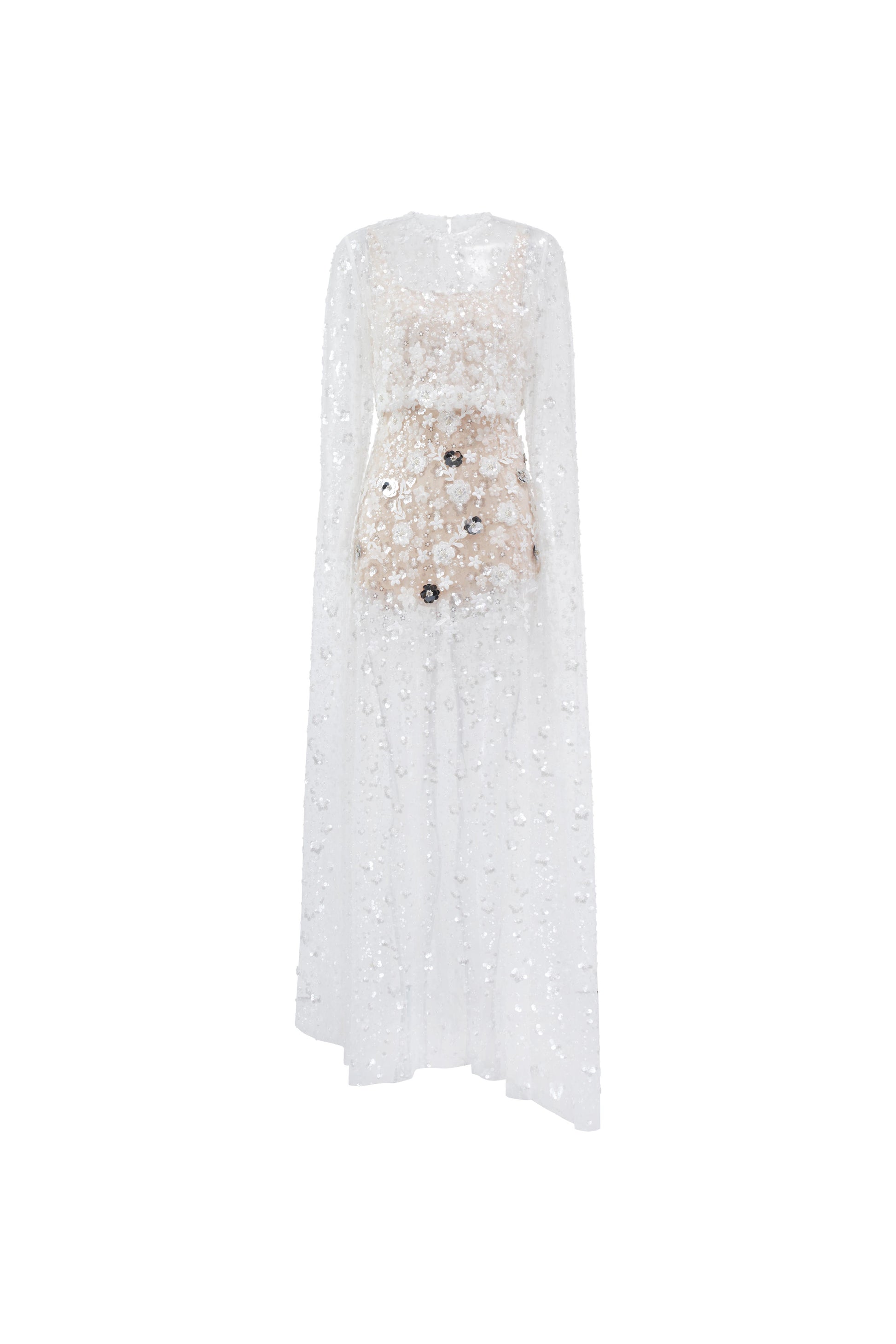 White lace dress with black sequins on a white background